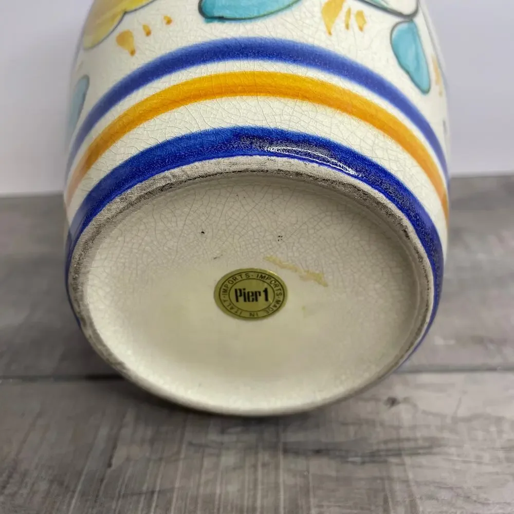Vintage PIER ONE Italy Blue Yellow Floral Ceramic Crackle Glaze Vase 8 inch